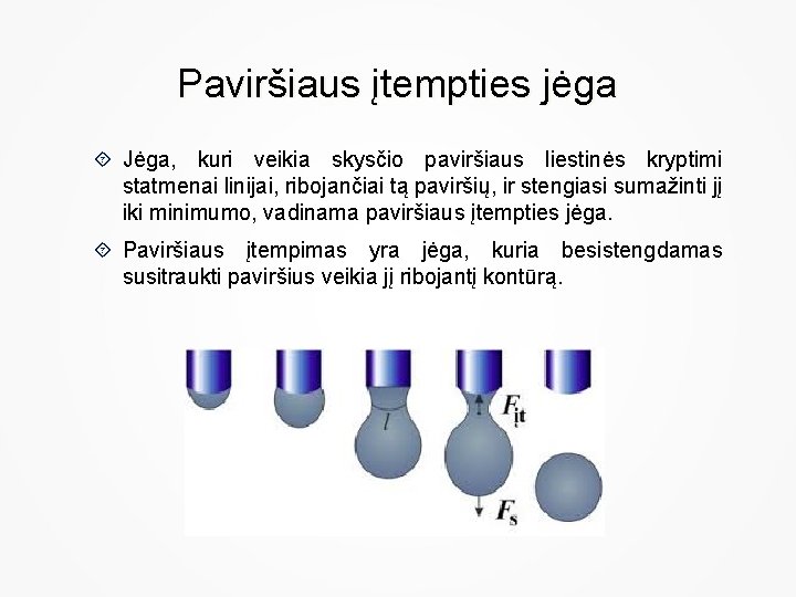 Paviršiaus įtempties jėga Jėga, kuri veikia skysčio paviršiaus liestinės kryptimi statmenai linijai, ribojančiai tą