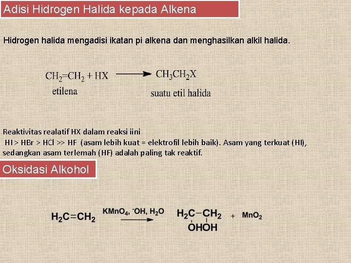Adisi Hidrogen Halida kepada Alkena Hidrogen halida mengadisi ikatan pi alkena dan menghasilkan alkil