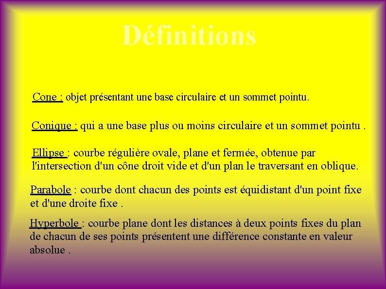 Définitions Cone : objet présentant une base circulaire et un sommet pointu. Conique :