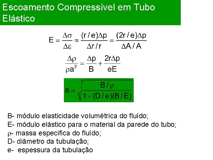 Escoamento Compressível em Tubo Elástico B- módulo elasticidade volumétrica do fluído; E- módulo elástico