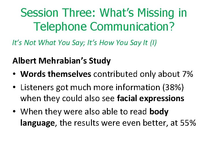 Session Three: What’s Missing in Telephone Communication? It’s Not What You Say; It’s How