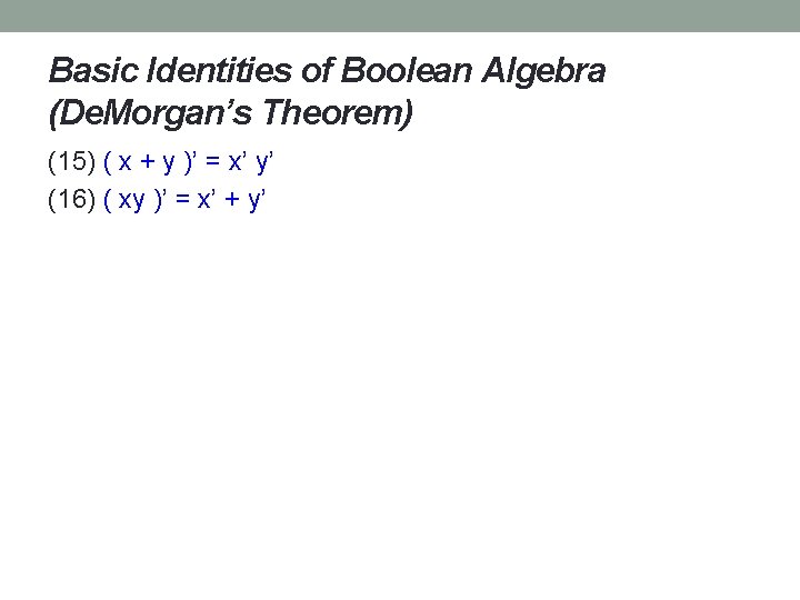 Basic Identities of Boolean Algebra (De. Morgan’s Theorem) (15) ( x + y )’