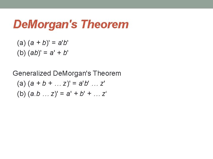 De. Morgan's Theorem (a) (a + b)' = a'b' (b) (ab)' = a' +