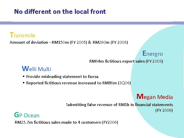 No different on the local front Transmile Amount of deviation –RM 150 m (FY