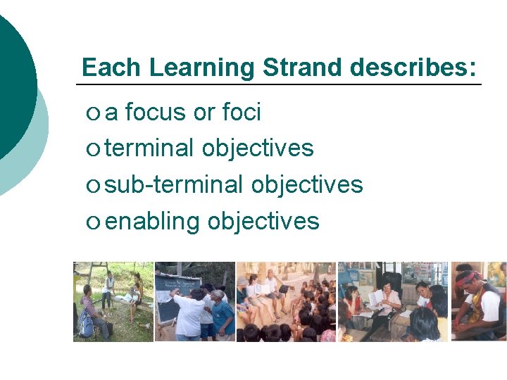 Each Learning Strand describes: ¡a focus or foci ¡ terminal objectives ¡ sub-terminal objectives