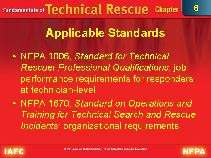 6 Applicable Standards • NFPA 1006, Standard for Technical Rescuer Professional Qualifications: job performance