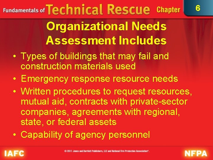 6 Organizational Needs Assessment Includes • Types of buildings that may fail and construction