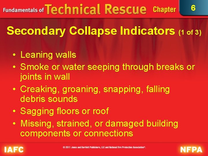 6 Secondary Collapse Indicators (1 of 3) • Leaning walls • Smoke or water