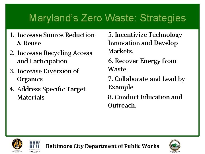 Maryland’s Zero Waste: Strategies 1. Increase Source Reduction & Reuse 2. Increase Recycling Access