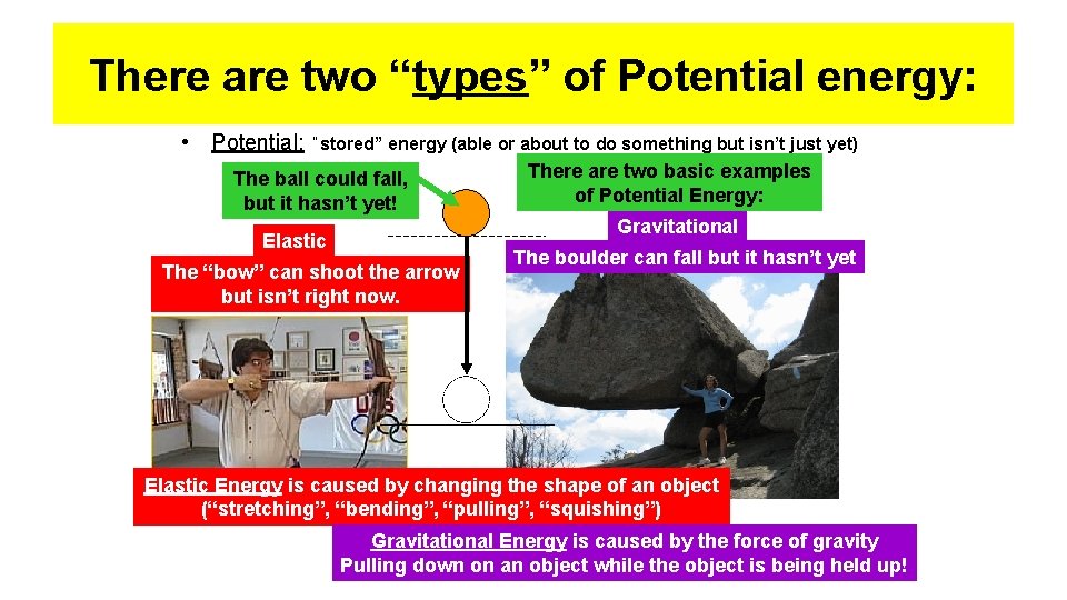 There are two “types” of Potential energy: • Potential: “stored” energy (able or about