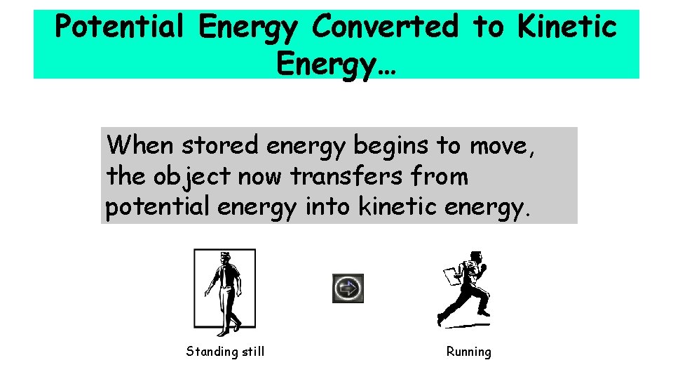 Potential Energy Converted to Kinetic Energy… When stored energy begins to move, the object