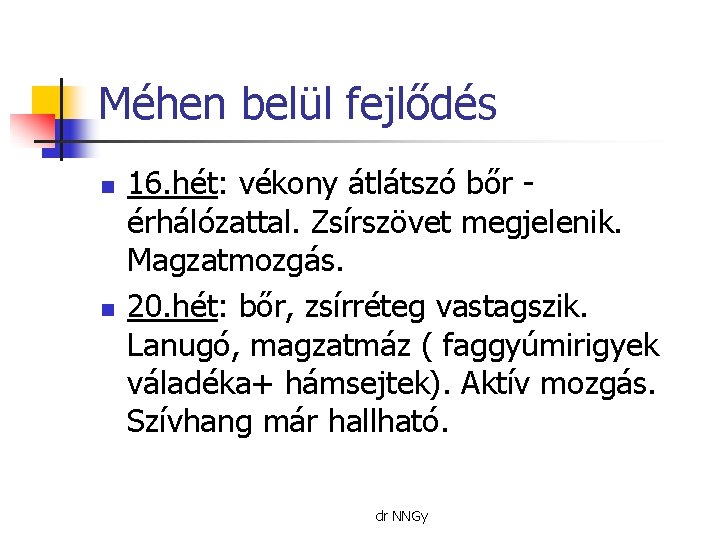 Méhen belül fejlődés n n 16. hét: vékony átlátszó bőr érhálózattal. Zsírszövet megjelenik. Magzatmozgás.