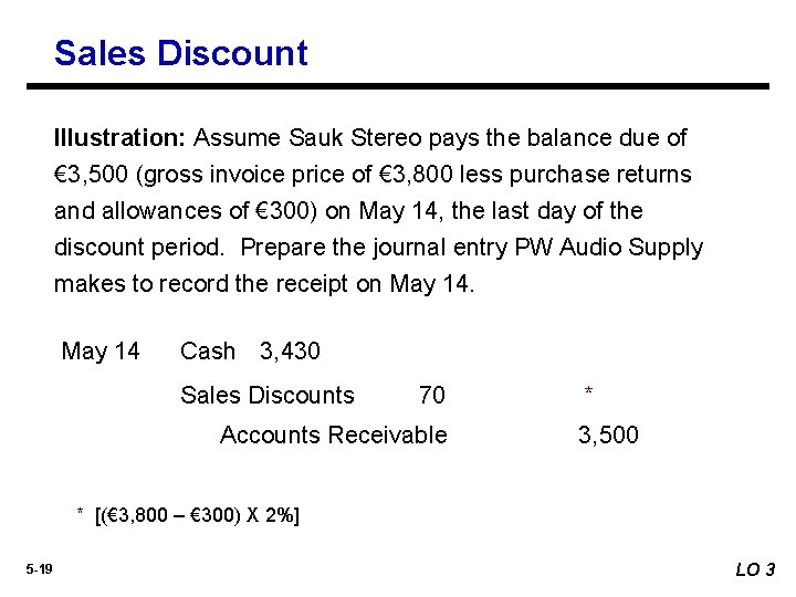 Sales Discount Illustration: Assume Sauk Stereo pays the balance due of € 3, 500