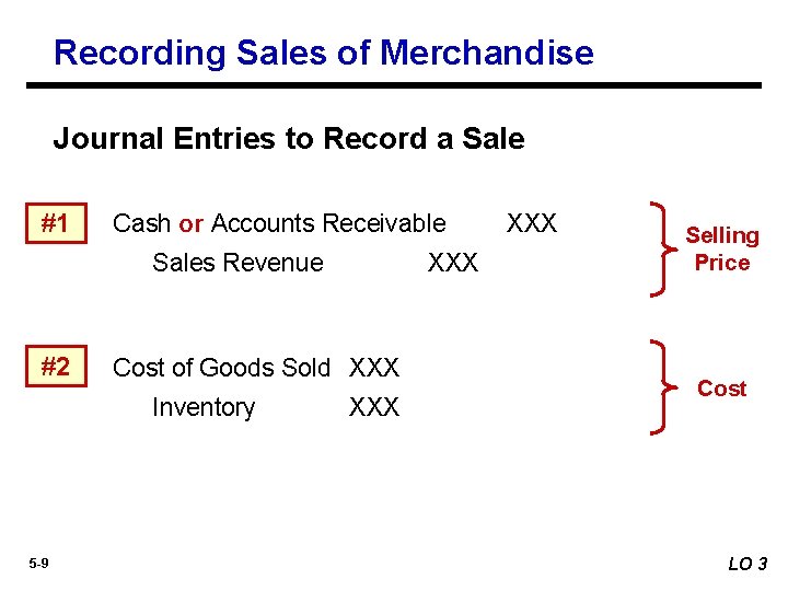 Recording Sales of Merchandise Journal Entries to Record a Sale #1 Cash or Accounts