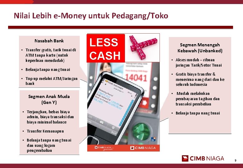 Nilai Lebih e-Money untuk Pedagang/Toko Nasabah Bank • Transfer gratis, tarik tunai di ATM