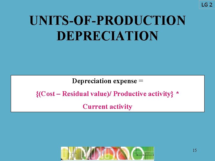 LG 2 UNITS-OF-PRODUCTION DEPRECIATION Depreciation expense = {(Cost – Residual value)/ Productive activity} *