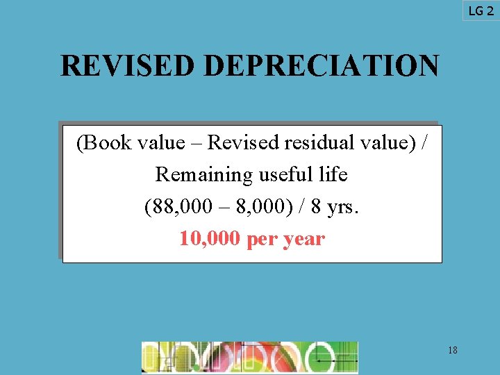 LG 2 REVISED DEPRECIATION (Book value – Revised residual value) / Remaining useful life