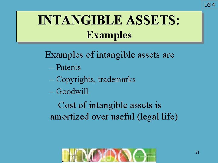 LG 4 INTANGIBLE ASSETS: Examples of intangible assets are – Patents – Copyrights, trademarks