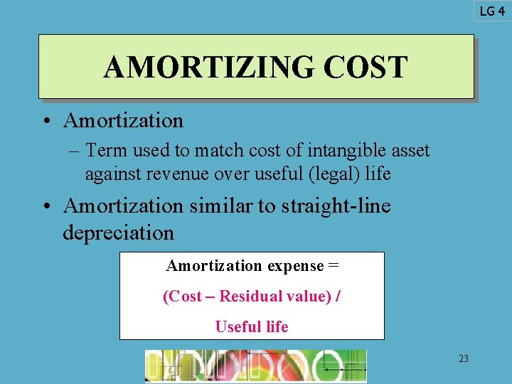 LG 4 AMORTIZING COST • Amortization – Term used to match cost of intangible
