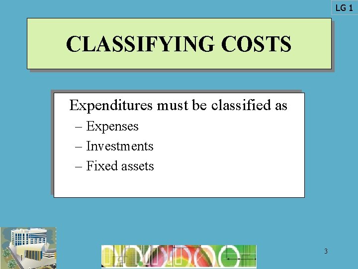 LG 1 CLASSIFYING COSTS Expenditures must be classified as – Expenses – Investments –