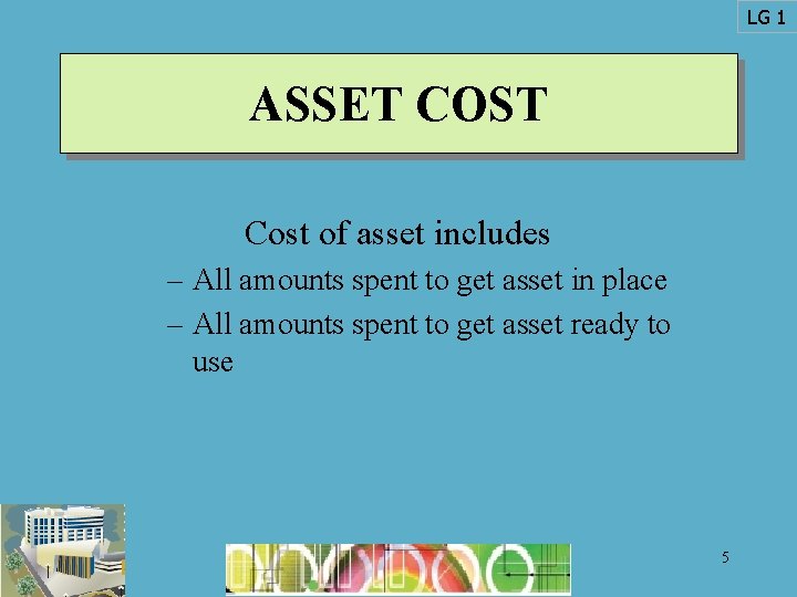LG 1 ASSET COST Cost of asset includes – All amounts spent to get