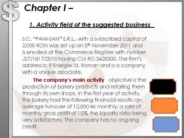 Chapter I – 1. Activity field of the suggested business • S. C. “PANI-SAN”