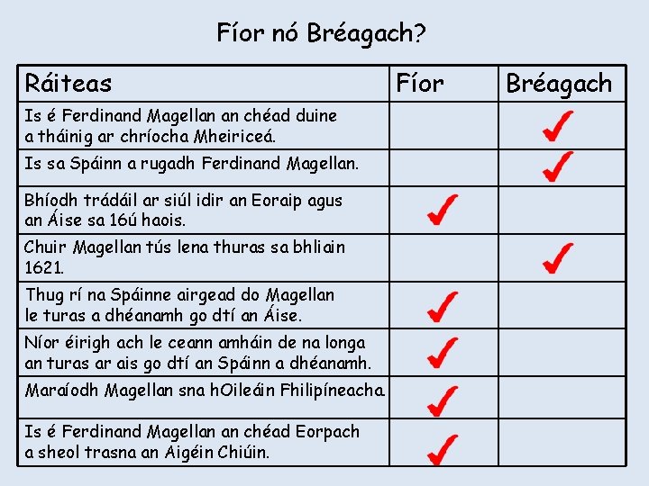 Fíor nó Bréagach? Ráiteas Is é Ferdinand Magellan an chéad duine a tháinig ar