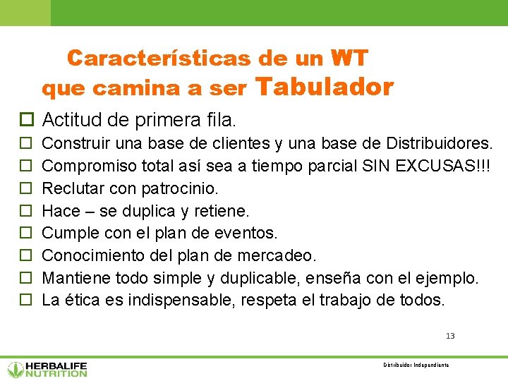 Características de un WT que camina a ser Tabulador Actitud de primera fila. Construir