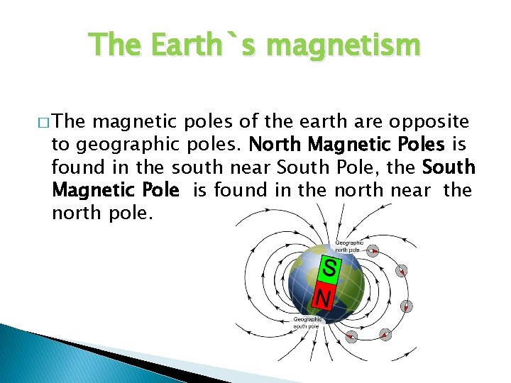 The Earth`s magnetism � The magnetic poles of the earth are opposite to geographic
