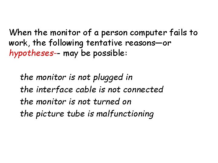 When the monitor of a person computer fails to work, the following tentative reasons—or