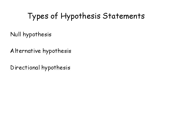 Types of Hypothesis Statements Null hypothesis Alternative hypothesis Directional hypothesis 