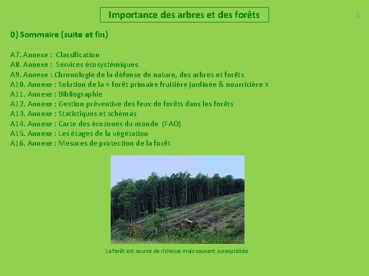 Importance des arbres et des forêts 0) Sommaire (suite et fin) A 7. Annexe