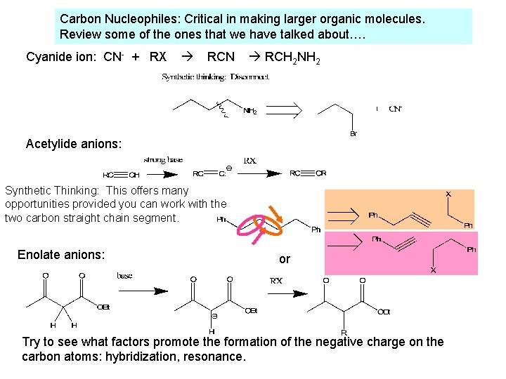 Carbon Nucleophiles: Critical in making larger organic molecules. Review some of the ones that