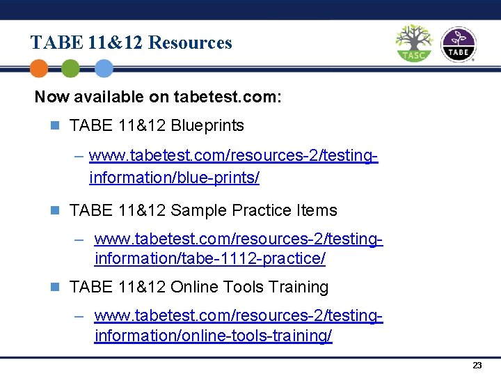 TABE 11&12 Resources Now available on tabetest. com: n TABE 11&12 Blueprints – www.
