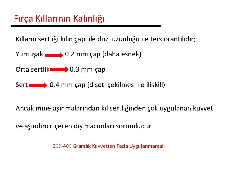 Fırça Kıllarının Kalınlığı Kılların sertliği kılın çapı ile düz, uzunluğu ile ters orantılıdır; Yumuşak