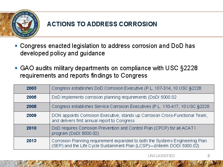 ACTIONS TO ADDRESS CORROSION § Congress enacted legislation to address corrosion and Do. D
