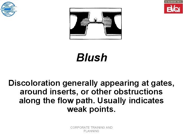 Blush Discoloration generally appearing at gates, around inserts, or other obstructions along the flow