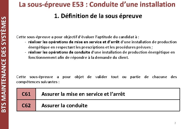 BTS MAINTENANCE DES SYSTÈMES La sous-épreuve E 53 : Conduite d’une installation 1. Définition