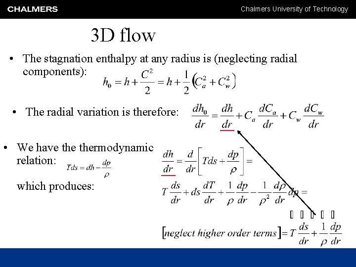 Chalmers University of Technology 3 D flow • The stagnation enthalpy at any radius