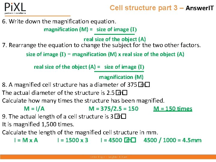 Cell structure part 3 – Answer. IT 6. Write down the magnification equation. magnification