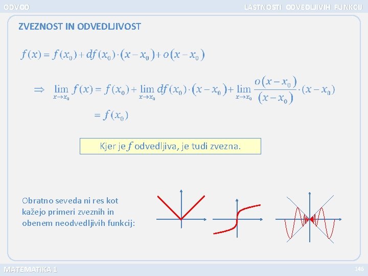 ODVOD LASTNOSTI ODVEDLJIVIH FUNKCIJ ZVEZNOST IN ODVEDLJIVOST Kjer je f odvedljiva, je tudi zvezna.