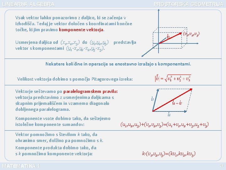 LINEARNA ALGEBRA PROSTORSKA GEOMETRIJA Vsak vektor lahko ponazorimo z daljico, ki se začenja v