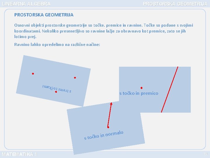 LINEARNA ALGEBRA PROSTORSKA GEOMETRIJA Osnovni objekti prostorske geometrije so točke. premice in ravnine. Točke