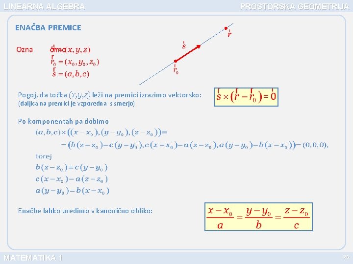 LINEARNA ALGEBRA PROSTORSKA GEOMETRIJA ENAČBA PREMICE Pogoj, da točka (x, y, z) leži na