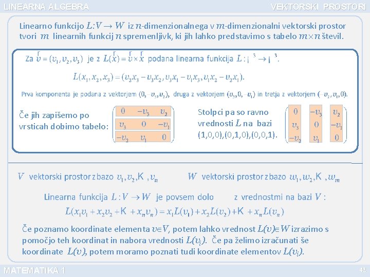 LINEARNA ALGEBRA VEKTORSKI PROSTORI Linearno funkcijo L: V → W iz n-dimenzionalnega v m-dimenzionalni