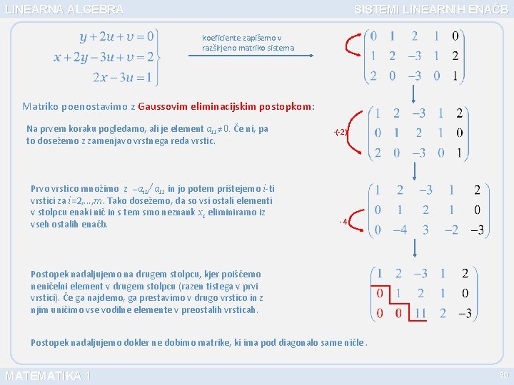 LINEARNA ALGEBRA SISTEMI LINEARNIH ENAČB koeficiente zapišemo v razširjeno matriko sistema Matriko poenostavimo z