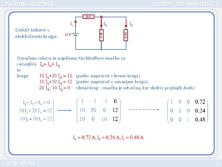 LINEARNA ALGEBRA SISTEMI LINEARNIH ENAČB 10 I 3 10 12 V I 2 20