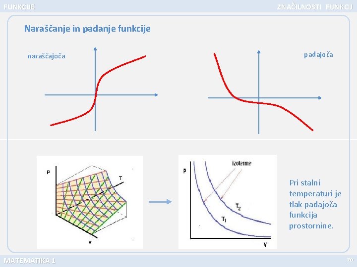 FUNKCIJE ZNAČILNOSTI FUNKCIJ Naraščanje in padanje funkcije naraščajoča padajoča Pri stalni temperaturi je tlak