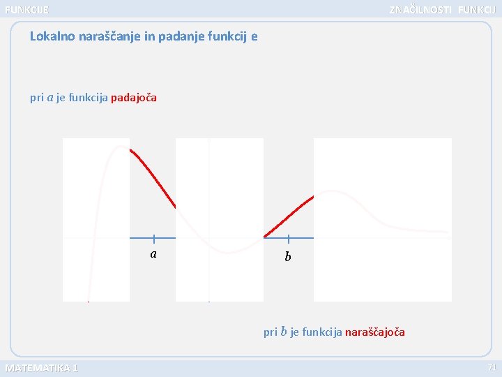 FUNKCIJE ZNAČILNOSTI FUNKCIJ Lokalno naraščanje in padanje funkcij e pri a je funkcija padajoča