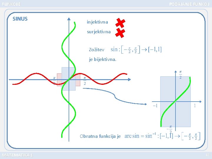 FUNKCIJE SINUS PODAJANJE FUNKCIJ injektivna surjektivna Zožitev je bijektivna. Obratna funkcija je MATEMATIKA 1